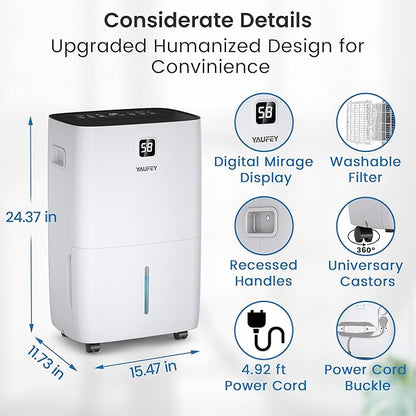 Yaufey 150 Pints Dehumidifier for Home, Basement and Large Room up to 7000 Sq. Ft., with Drain Hose, Timer, Intelligent Humidity Control and Large Water Tank