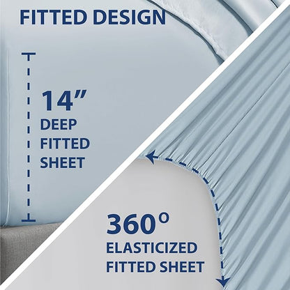 Swift Home Smart Sheets, Ultra Soft Brushed Microfiber 3-Piece Sheet Set, Fitted Bed Sheet with Side Storage Pockets – Blue Fog, Twin XL