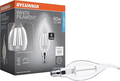 Sylvania B10 Clear LED White Filament Bulb, 6W, Dimmable, 500 LMS, Candelabra Base, 5000K, Daylight - 4 Pack (41849)