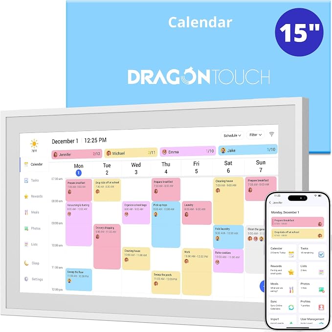 Dragon Touch 15.6" Digital Calendar Chore Chart – 1080P Full HD Interactive Touchscreen, Smart Family Planner, Hearth Display Digital Calendar Wall & Desk Mountable for Seamless Scheduling | Interactive Touchscreen,Picture Frame Smart Family Planner, H...