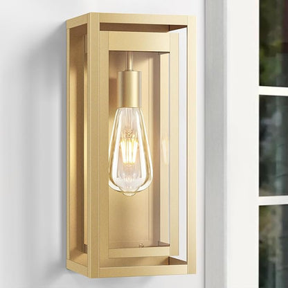 15" Large Gold Outdoor Light Fixture Wall Mount, 2 Pack Waterproof Outdoor Sconces, Modern Wall Lights with Clear Glass Shade for Front Door, Porch, Garage