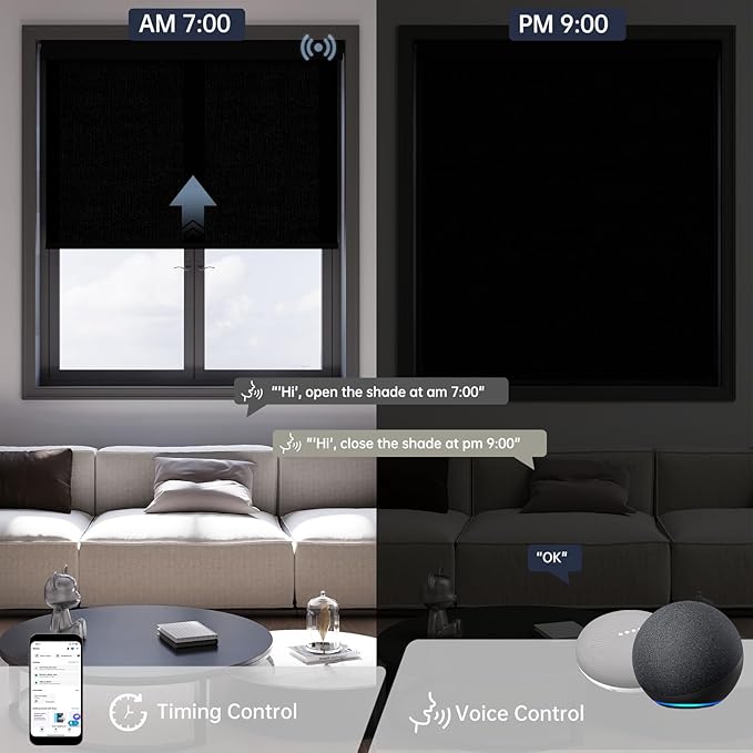 Motorized Blinds with Remote, Light Filtering Smart Blinds for Windows Automatic Roller Shades Compatible with Alexa, Motorized Shades Customized for Living Room Home Office (Black)