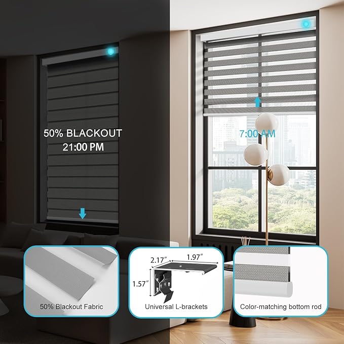Motorized Zebra Blinds with Remote, Work with HomeKit Alexa, Smart Light Filtering Horizontal Automatic Electric Window Shades for Home Office Customsize(50% Blackout Drumbeat Grey)