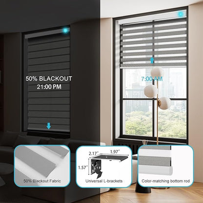 Motorized Zebra Blinds with Remote, Work with HomeKit Alexa, Smart Light Filtering Horizontal Automatic Electric Window Shades for Home Office Customsize(50% Blackout Drumbeat Grey)