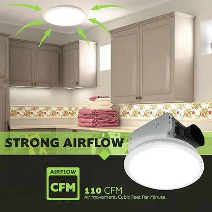 Homewerks 7141-110 Bathroom Fan Integrated LED Light Ceiling Mount Exhaust Ventilation 2.0 Sones 110 CFM, White