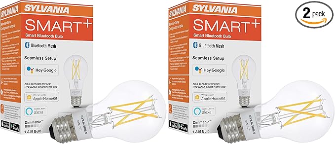 Sylvania SMART+ Bluetooth Clear Filament Soft White A19 LED Bulb, Compatible with Alexa, Apple HomeKit and Google Assistant, 2 Pack