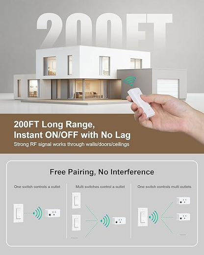 Wireless Remote Control Outlet, Decorator Rocker Wall Switch, 200FT Long Range, Mini Remote Outlet Plug, 15A/1875W High-Power for Lamps, Lights, Household Appliances(2 Switches and 1 Outlet)