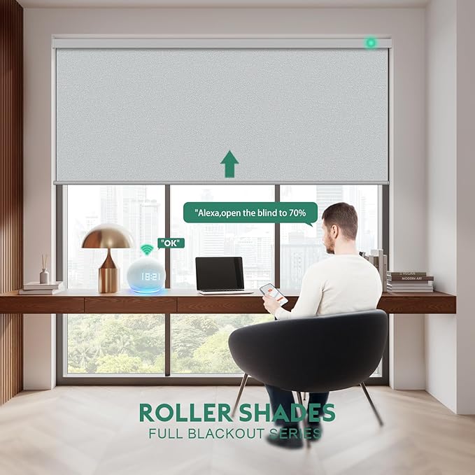 Motorized Blinds with Remote [100% Blackout & Silent Motor] Smart Blinds Compatible with Alexa Google HomeKit, Electric Roller Shades for Indoor Windows, Customized Size, Shimmer Light Gray