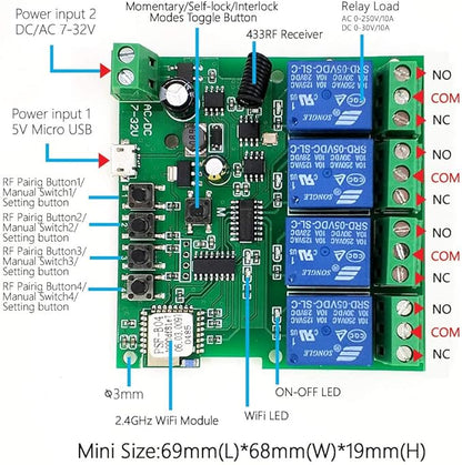 4 Channels WiFi Wireless Smart Switch Inching Self-Locking Relay Module,for DIY Access Control, Garage Door Opener with 433RF Remote Control （Ewelink App）