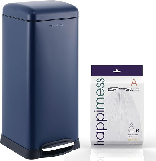 happimess HPM1007H Betty Retro 8-Gallon Step-Open Trash Can, Fingerprint Resistant, Modern, Minimalistic for Home, Kitchen, Laundry Room, Office, Bedroom, Bathroom, Denim Blue