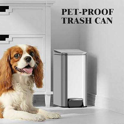 Small Bathroom Trash Can w/Lid Soft Close, 6 Liter/1.6 Gallon Stainless Steel Garbage Can w/Inner Bucket, Trash Bin Waste Basket for Kitchen, Bedroom, Living Room, Office, Toilet, Silver