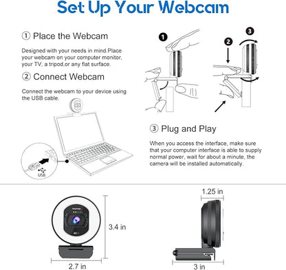 4K Webcam with Ring Light Web Cam 4K Autofocus with TOF Computer Camera 1080P 60FPS Web Camera Built-in Privacy Cover and Microphone Streaming Webcams for Zoom/Skype/Google Meet