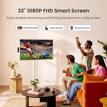ApoloSign 32 Inch FHD Smart Portable TV on Wheels, Android 16 EDLA Certified, 128GB Storage, Built-in 15000mAh Battery, Voice Remote, Touch Screen TV with Rolling Stand for Home, Office - Gen2