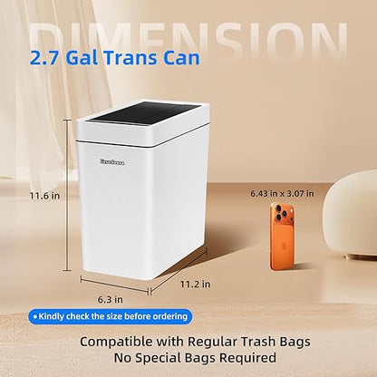2.7 Gallon Slim Bathroom Touchless Trash Can, Automatic Smart Trash Can with Auto Bagging System, Sensor Lid Waste Bin for Bedroom, Office & RV, White