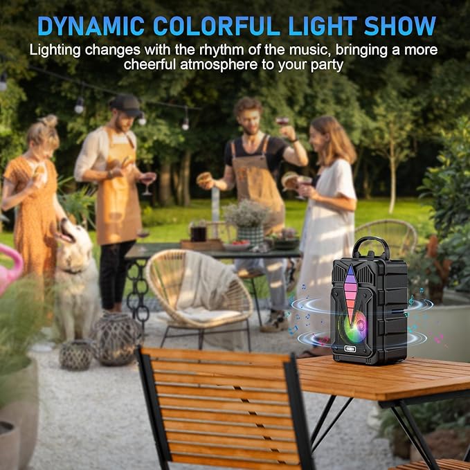 Dnil Portable Speaker with Voice Control, RGB Multi-Color Rhythm Light, Support TWS Pairing, Support USB/TF/FM/AUX Connection, Suitable for Home Party or Outdoor Use (Black)