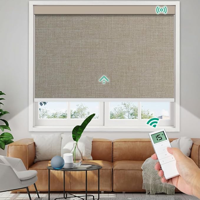 Motorized Roller Shades, 10O% Blackout Remote Control Custom Window Shades Compatible with Alexa Google Assistant via RF Hub, Rechargeable Electric Blinds for Windows (Fabric Dark Coffee)