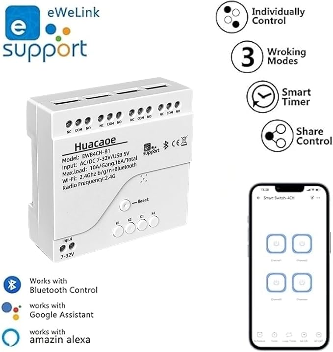 EWeLink 4CH 7-32V Smart WiFi Switch Controller, APP Remote Control, Bluetooth RF Remote Control, Point/Self-Locking/Interlocking, Compatible with Alexa