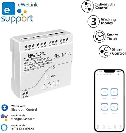 EWeLink 4CH 7-32V Smart WiFi Switch Controller, APP Remote Control, Bluetooth RF Remote Control, Point/Self-Locking/Interlocking, Compatible with Alexa