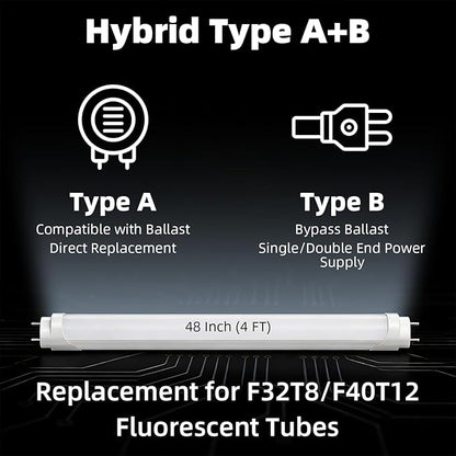 CYLYT Fluorescent Light Bulbs 48 inch, T8 LED Bulb 4 Foot Type A+B Replacement for F32T8 or F40T12 Tube, 26W 3400LM 6000K Daylight White, Double or Single End Powered, 4-Pack