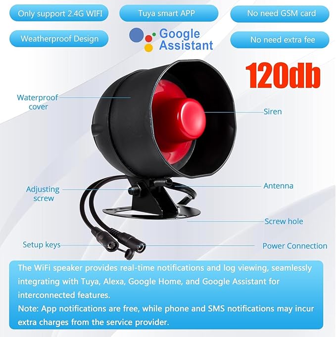 WiFi Alarm System for Home Security, 120dB Wireless Alarm Security System with Free Notification APP Control and Motion Sensor Siren, Remote Control for Shed Garage