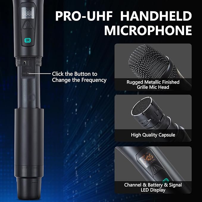 Wireless Microphone System, Metal Dual Pro UHF Cordless Dynamic Mic, 2x30 Adjustable Frequencies, Handheld Microphone System for Home Karaoke, Meeting, Church, 300ft Range (2 Handheld)
