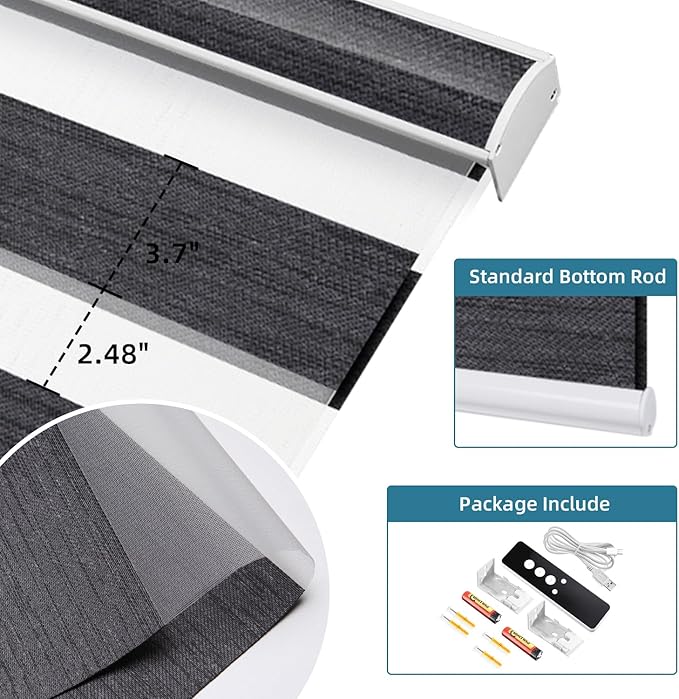 SmartWings Motorized Zebra Blinds with Remote, Custom Size Smart Electric Roller Shades for Windows, Automatic Light Filtering Dual Layer, Cordless Battery Motor, 95mm 85% Blackout Graphite