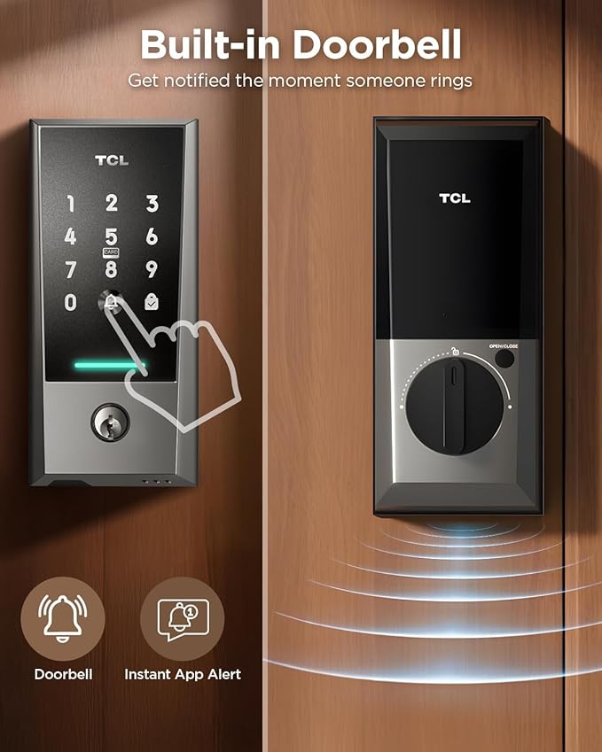 TCL Wi-Fi Smart Lock D2, Keyless Entry WiFi Door Lock with Key Fob, Built-in Doorbell, Touchscreen Keypad, App Remote Control, Easy Installation, No Bridge Required, Auto Lock (Dark Grey)
