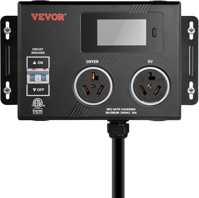 VEVOR NEMA Splitter for Dryer and EV, 3-Color LED Indicator, 240V Smart Power Distribution, with NEMA 10-30 Plug, Two NEMA 10-30 Outlets, 3.4 in LCD Screen, Max 24A Dryer EV, Tested to ETL Standard
