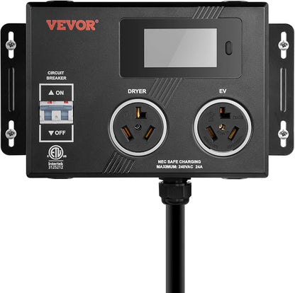 VEVOR NEMA Splitter for Dryer and EV, 3-Color LED Indicator, 240V Smart Power Distribution, with NEMA 10-30 Plug, Two NEMA 10-30 Outlets, 3.4 in LCD Screen, Max 24A Dryer EV, Tested to ETL Standard