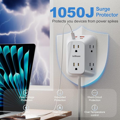 Surge Protector Outlet Extender, 6 Outlet Splitter with 4 USB Ports (2 USB C), 4 Sided 1050 J Multi Plug Wall Adapter Power Strip for Home Office Kitchen Travel