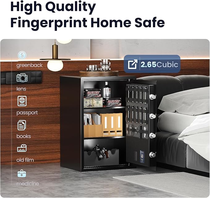 Grimtron 48LB Biometric 4 Pistols Safe with Fingerprint Lock, 3-8 Digit PIN | 2-in-1 Storage for 4 Pistols & Valuables, 3.46 Cu Ft Capacity, 30 Fingerprints, All-Metal Knob, Silent Mode & Type-C Power