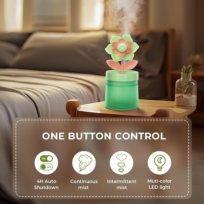 Flower Mini Humidifier, Cute Small Humidifiers, USB Portable Personal Cool Mist Desktop Humidifiers, Cooling for Home Office Car Summer Travel (260ml, Green Gardenia)