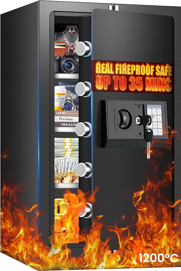 [𝟐𝟎𝟐𝟔 𝟑𝟓-𝐌𝐢𝐧 𝟏𝟕𝟎𝟎°𝐅] Fireproof Safe for Home, Money Safe for Cash,70 Lbs Heavy Duty Fire Proof safes for Home Use, Wall Mounted Jewelry Safes with Sensor LED Light and Alarm System