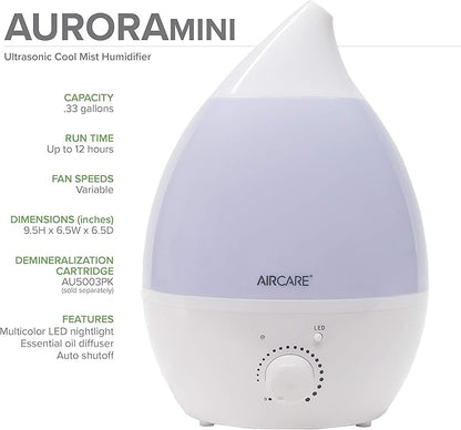 AIRCARE Ultrasonic Cool Mist Humidifier,Whisper-Quiet, Multi Color LED Light, Aroma Therapy Essential Oil Diffuser for Home, Bedroom, Baby, Nursery, Yoga, Spa and Office (white, .33 gal)