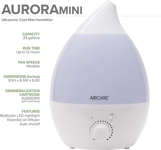 AIRCARE Ultrasonic Cool Mist Humidifier,Whisper-Quiet, Multi Color LED Light, Aroma Therapy Essential Oil Diffuser for Home, Bedroom, Baby, Nursery, Yoga, Spa and Office (white, .33 gal)