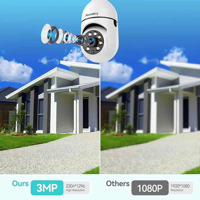 Noonkey 2K/3MP Light Bulb Security Camera, 5G& 2.4GHz WiFi 2 Pack Alexa Home 360° Wireless Security Camera Outdoor, Motion Tracking Detection Alarm,Color Night Vision