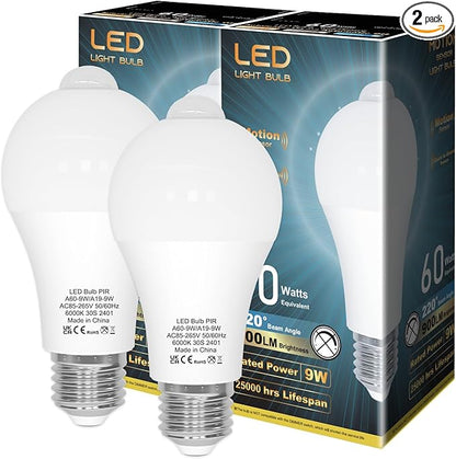ORALUCE Motion Sensor Light Bulbs Indoor Outdoor 60 watt Equivalent, A19 E26 9W Motion Activated LED Bulb 6000K Cool White, Motion Sensor Light for Garage, Closet, Porch, Stairs, 2 Pack