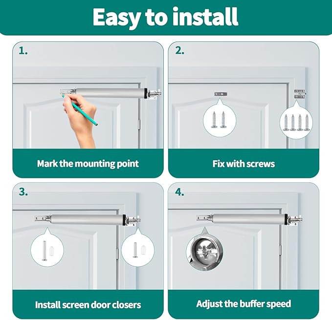 Screen and Storm Door Closer Kit, Heavy Duty Pneumatic Screen and Storm Door Closer, Screen and Storm Door Push Button Latch Set Replacement Kit, Adjust Smooth Closing Speed (Silver)