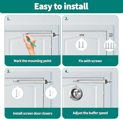 2PCS Screen and Storm Door Closer Kit, Heavy Duty Pneumatic Screen and Storm Door Closer, Screen and Storm Door Push Button Latch Set Replacement Kit, Adjust Smooth Closing Speed (Silver)