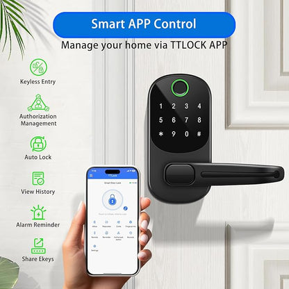 Smart Lock with Handle,Fingerprint Keyless Entry Door Lock,App Control,Keypad Deadbolt with Auto Lock,One-Time Codes,for Front Door,Airbnb & Rental Property,Easy Installation