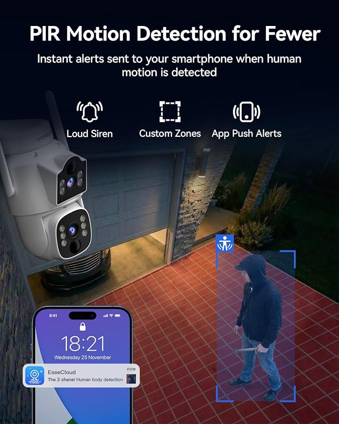 Dual Lens Solar Security Cameras Wireless Outdoor, 4MP 360° Pan/Tilt WiFi Camera with Auto Tracking, Color Night Vision, PIR Alarm, Two-Way Audio, Easy Install for Home Security