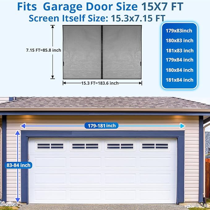 Garage Door Screen For 2 Car 15x7FT, Magnetic Screen Garage with Retractable Fiberglass Mesh and Heavy Duty Weighted Bottom, Easy Assembly & Pass, Hands Free Screen Door w/ 36 Magnets for Garage/Patio