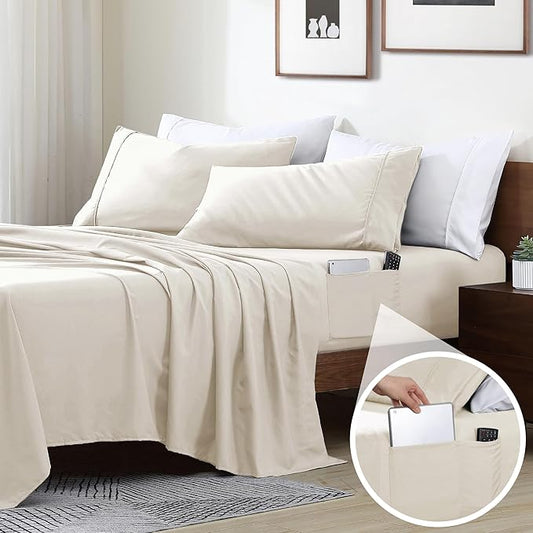 Swift Home Smart Sheets, Ultra Soft Brushed Microfiber 4-Piece Sheet Set, Fitted Bed Sheet with Side Storage Pockets – Coconut Milk, Queen