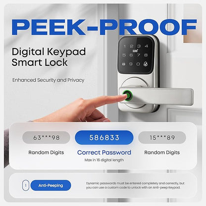 Smart Door Lock with Handle, Heittis Fingerprint Smart Lock with Touchscreen Keypad - Keyless Biometric Deadbolt Door Knob for Front Door, Bedroom, Interior or Exterior Use (Nickel, App Control)