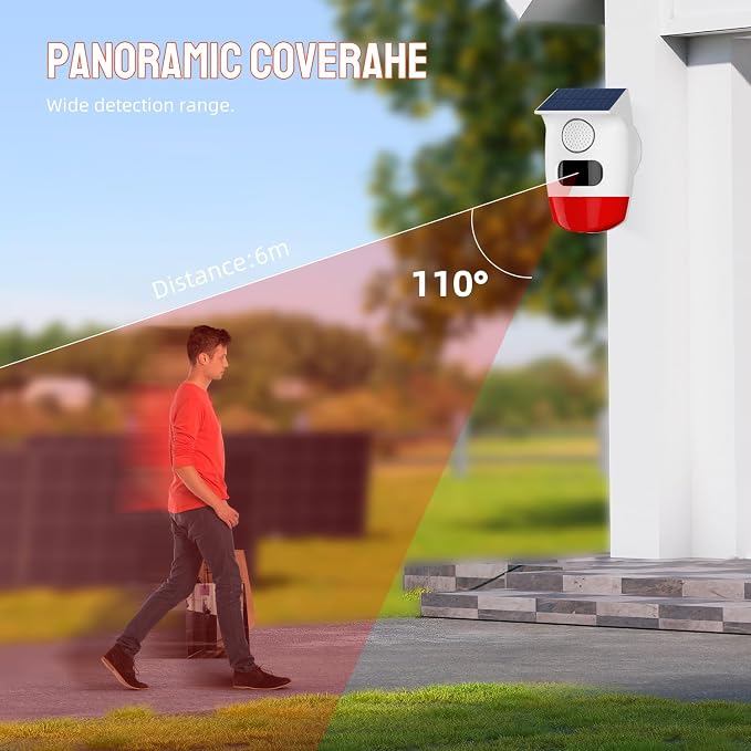 PGST Solar Strobe Alarm Light, Wireless Security Alarm with Remote Control, IP65 Waterproof Solar Powered Siren, 120dB Loud Sound for Home, Farm, Barn, Villa, Yard and Property Safety