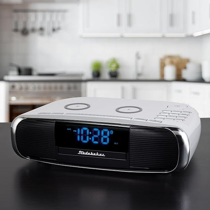 Studebaker Workstaton HiFi Music System with Bluetooth, FM Radio, CD, and Qi Wireless Charging Station (White)