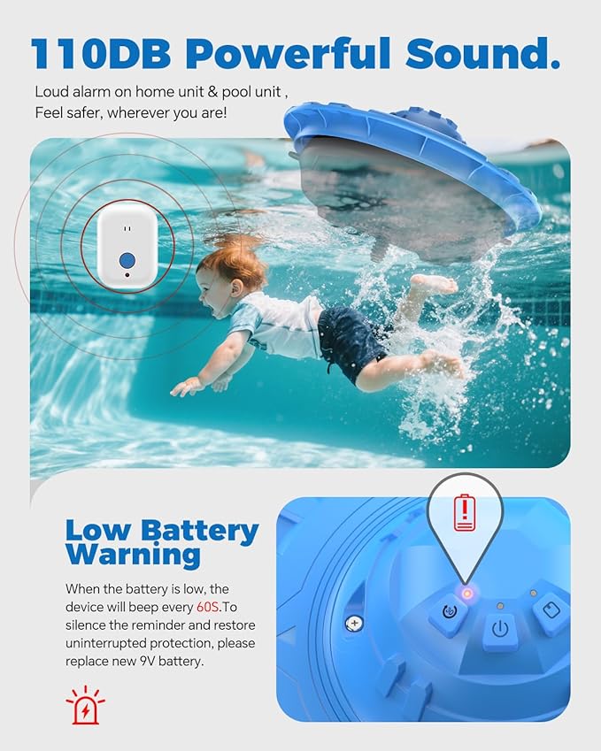 Pool Alarm with Indoor Receiver, 110dB Ultra Loud Floating Alarm for Inground & Above Ground Pools, Adjustable Sensitivity for Backyard Water Safety with Children & Pets, Navy-Black