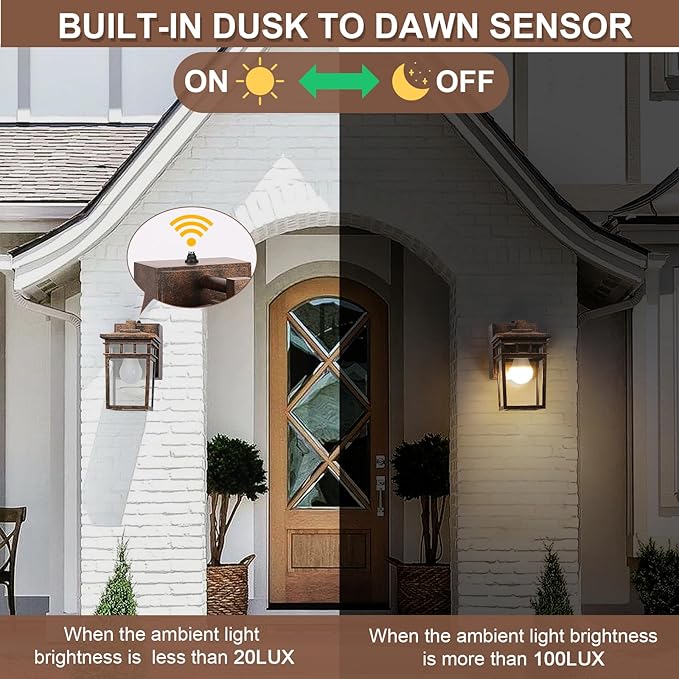 Porch Light with GFCI Outlet, Dusk to Dawn Outdoor Lighting with Aluminum Frame and Clear Glass Shade, Waterproof Wall Sconce Outside Lights for House Garage Front Door, Bulb Included(Antique Bronze)