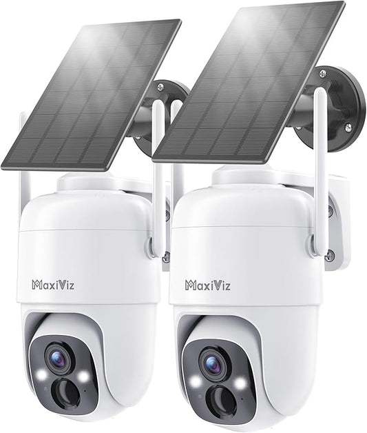 MaxiViz 2K Solar Camera Security Outdoor, 100% Wire-Free Security Cameras Wireless Outdoor with Solar Panel, 360° Panoramic View, Color Night Vision, AI Motion Detection, IP66 Weatherproof, 2 Pack
