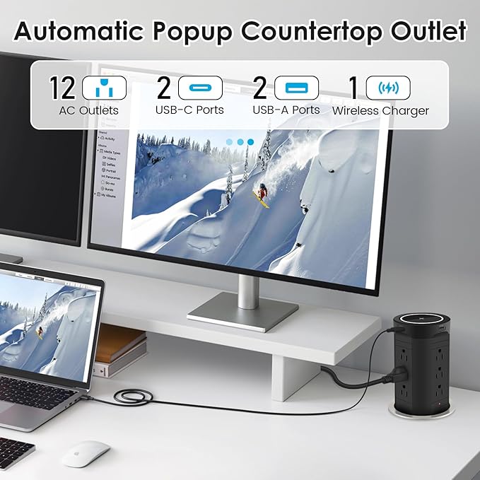 4-inch Pop Up Outlet for Countertop with 45W USB,17-in-1 Desktop Power Strip with 15W Wireless Charger,12 Outlets 4 USB Ports,15Amp Tamper Resistant Receptacle for Home Office Kitchen Black